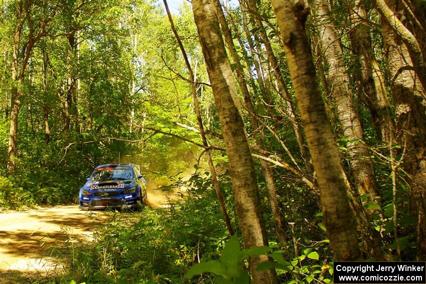 Brandon Semenuk / John Hall Subaru WRX STi at speed on SS10, Strawberrry Mountain II.