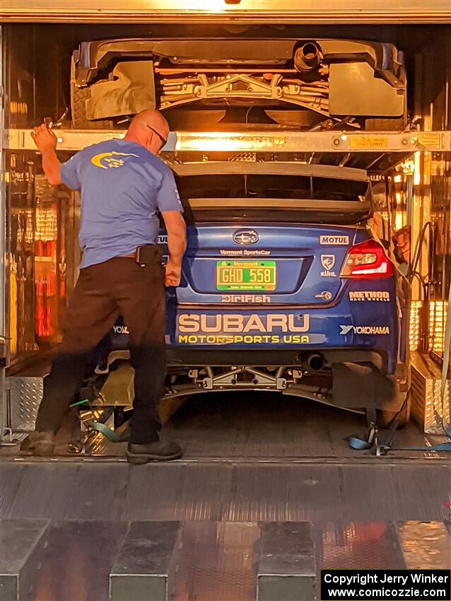 The Subaru WRX STis of Travis Pastrana / Rhianon Gelsomino and Brandon Semenuk / Johm Hall are loaded into the trailer.