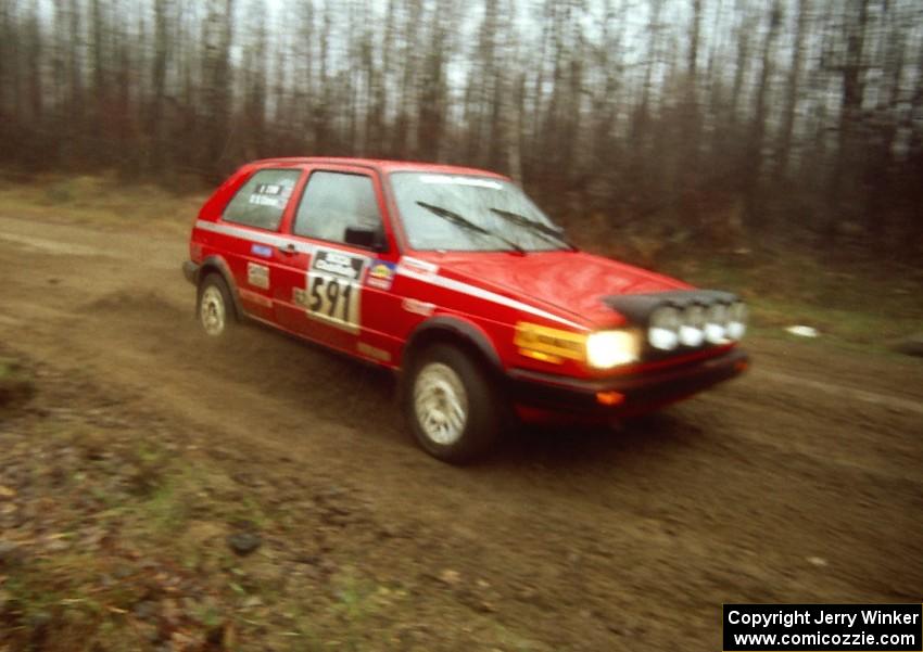 The Dave S. Cizmas / Dave L. Cizmas VW GTI slides through a corner on Steamboat Rd. early in the event.