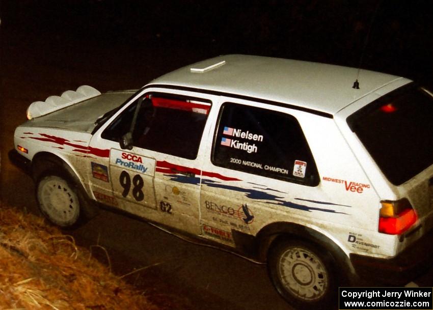 Bob Nielsen / Al Kintigh come through the flying finish of the final stage in their VW GTI in the pouring rain.