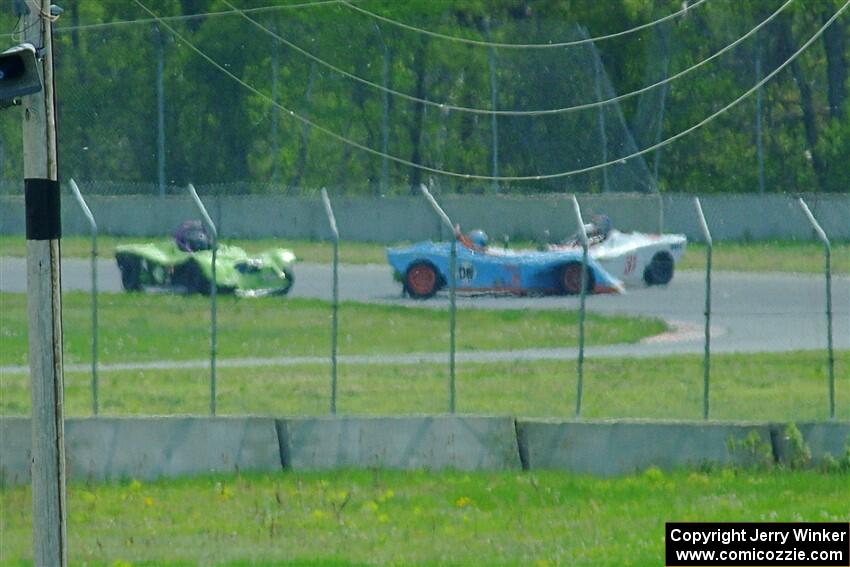 Andrea King's, Sean Yahn's and Bob Barton's Spec Racer Ford 3s tangle in turn 3 bringing out the red flag.