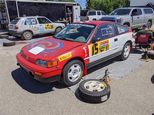 Sean Burke / Max Burke Honda CRX and Mark Rokus / Tabitha Lohr VW GTI before the start of the event.