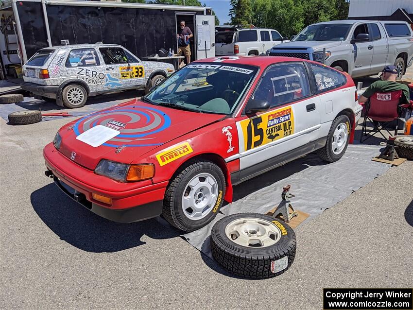 Sean Burke / Max Burke Honda CRX and Mark Rokus / Tabitha Lohr VW GTI before the start of the event.