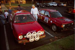 The Al Kintigh / J.B. Niday VW GTI and Mark Utecht / Kristi Anderson Dodge Omni GLH the night before the rally.