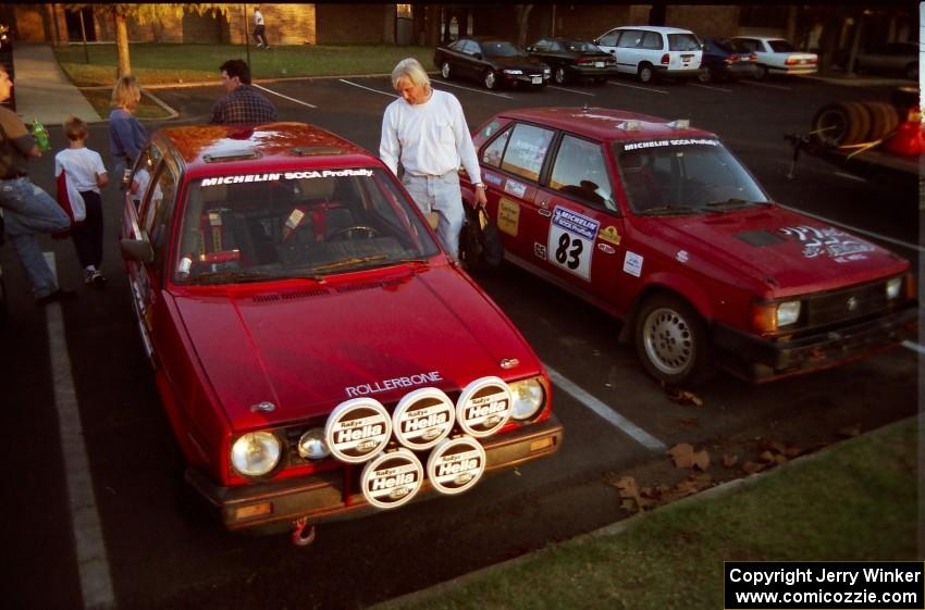 The Al Kintigh / J.B. Niday VW GTI and Mark Utecht / Kristi Anderson Dodge Omni GLH the night before the rally.