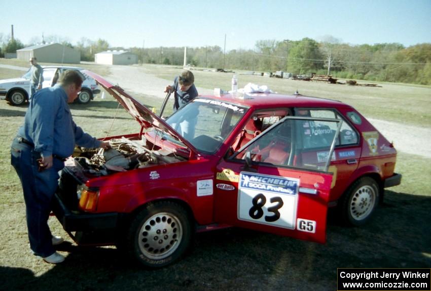 The Mark Utecht / Kristi Anderson Dodge Omni GLH gets a last minute look-over.