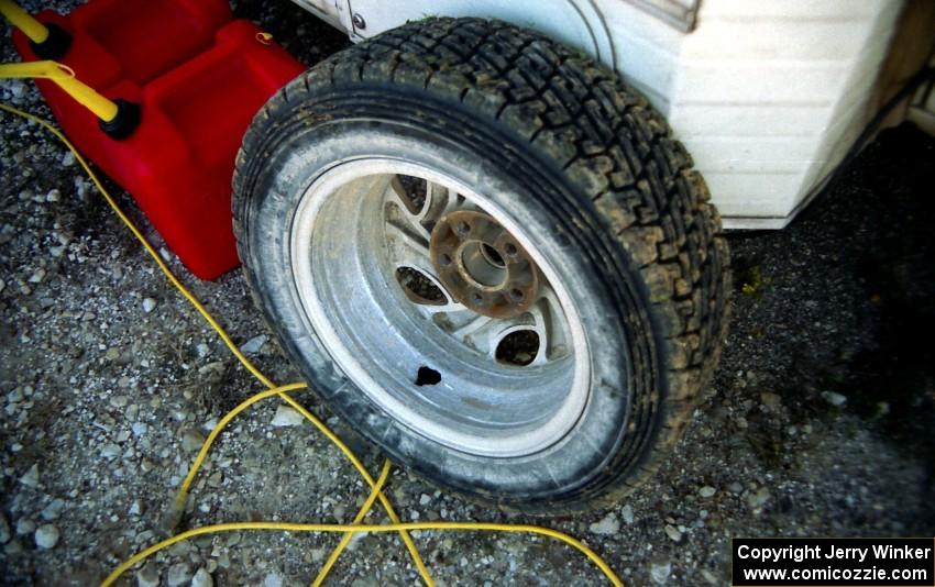 A rock pushed a hole into the rim of the Todd Jarvey / Rich Faber Mitsubishi Galant VR4 and flattened a tire.