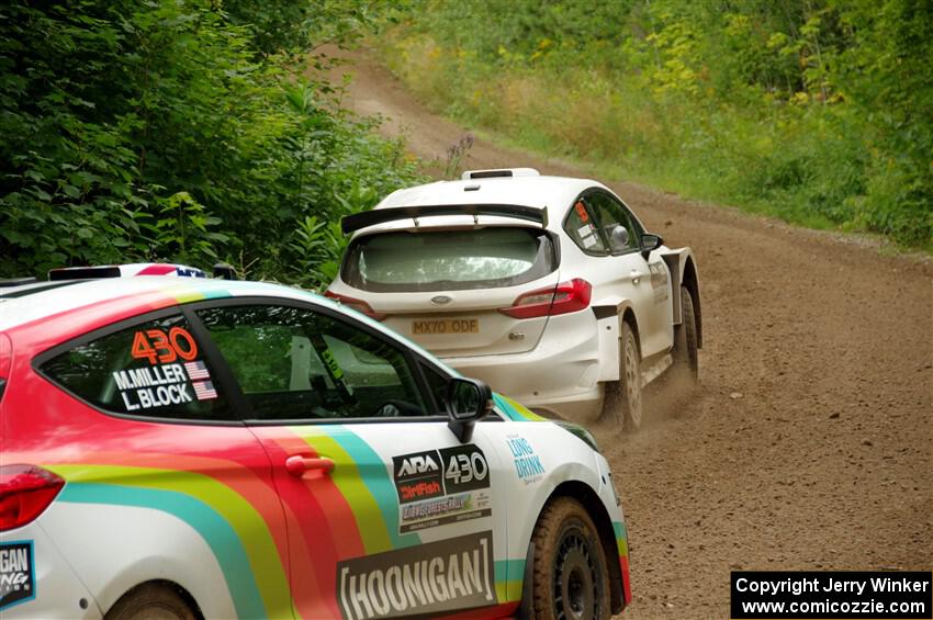 Allen Dobasu / Patrick Walsh Ford Fiesta passes the Lucy Block / Michelle Miller Ford Fiesta Rally3 on SS1, Crossroads I.
