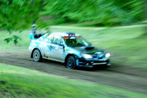 Matt James / Jackie James Subaru Impreza limps through SS16, Soo Pass East II, with a right-front flat.
