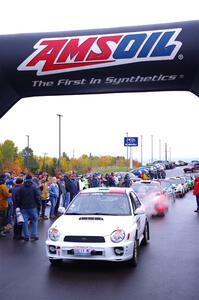 Ivo Draganov / Vladimir Yanev Subaru WRX Wagon leaves the ceremonial start.