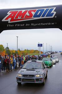 Dylan Gondyke / Sara Nonack Subaru Impreza leaves the ceremonial start.