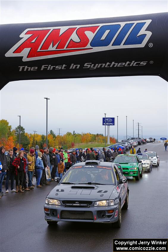 Dylan Gondyke / Sara Nonack Subaru Impreza leaves the ceremonial start.