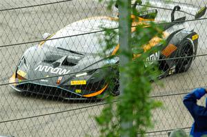 John Hennessy's Lamborghini Huracán LP 620-2 Super Trofeo Evo2 goes off at turn 12 in the rain.