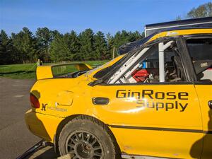 Steve Gingras / Lynn Wolf Subaru Impreza back on the trailer after rolling on SS2, Blue TraiI I.