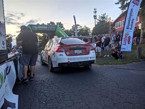 Matt Dickinson / Chris Kremer Subaru WRX STi rolls up to the start line for Thursday night's ceremonial start.