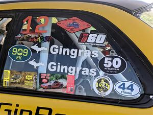 Various tribute stickers on the Steve Gingras / Katie Gingras Subaru Impreza.