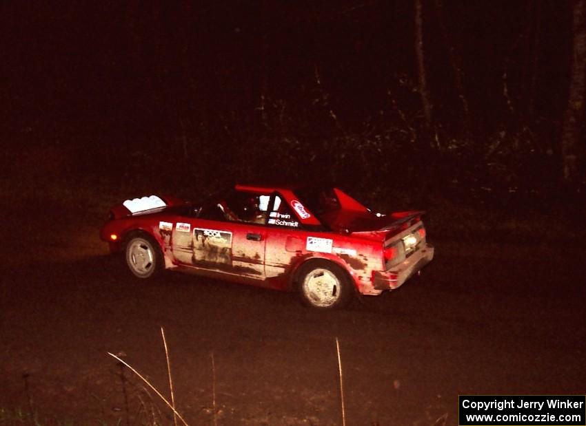 Steve Irwin	/ Phil Schmidt at speed at night in their Toyota MR2.