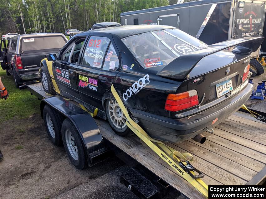 Matt Nykanen / Lars Anderson BMW 328i damaged and on the trailer after the event.
