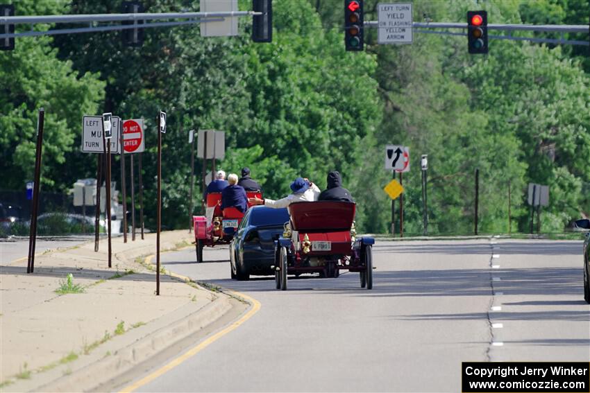 Gary Schlomann's 1907 Ford and Tim Wiggins' 1904 Ford head toward New Brighton.