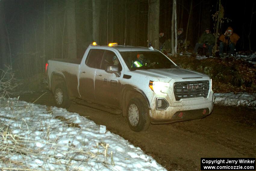 A GMC Sierra pickup sweeps SS2, Soden-Blue Lake I.