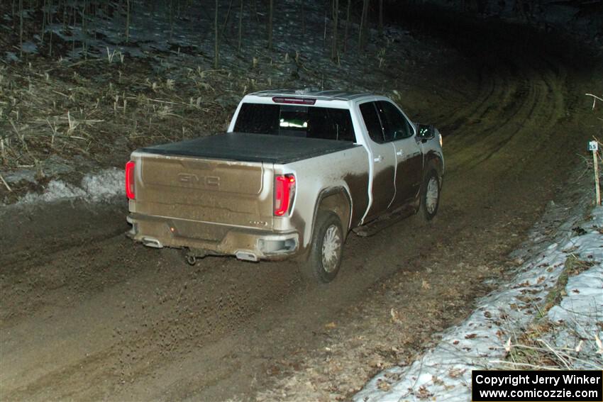 A GMC Sierra pickup sweeps SS2, Soden-Blue Lake I.