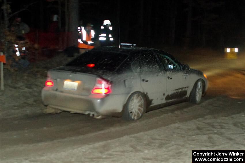 The '0' car, a Subaru Legacy, at the finish of SS6, Quinnan-Sage Creek II.