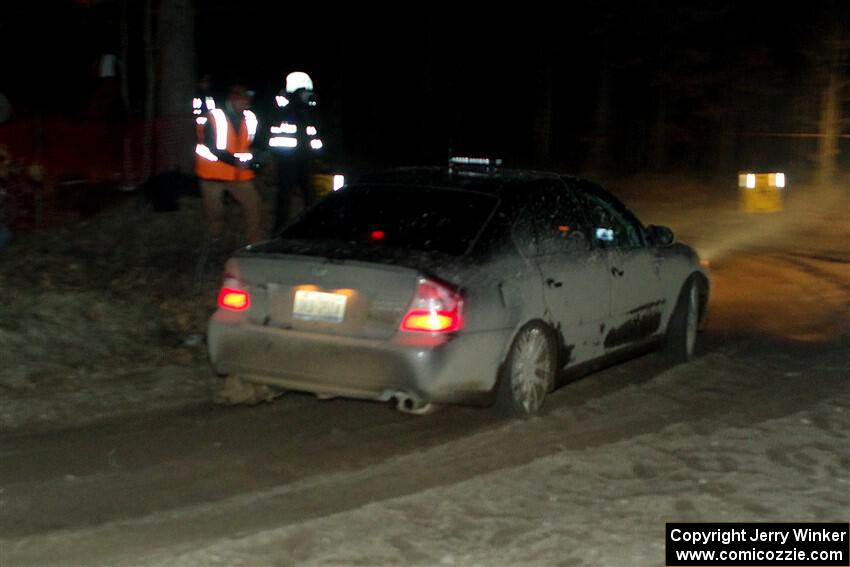 The '0' car, a Subaru Legacy, at the finish of SS6, Quinnan-Sage Creek II.