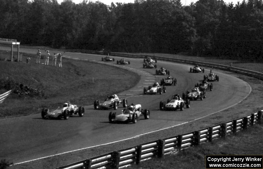 Formula Vees line up through turn nine before the bridge.