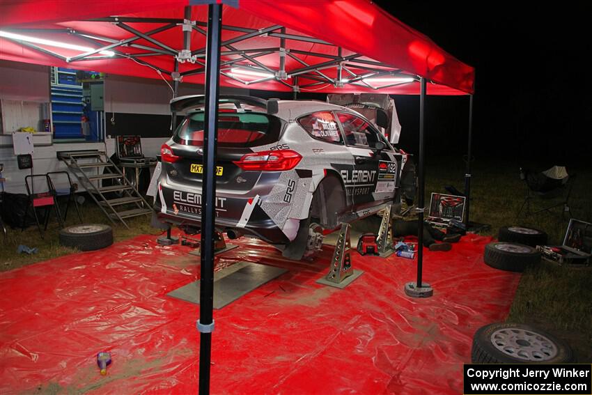 Javier Olivares / K.J. Miller Ford Fiesta Rally2 at Sidnaw service after day one.
