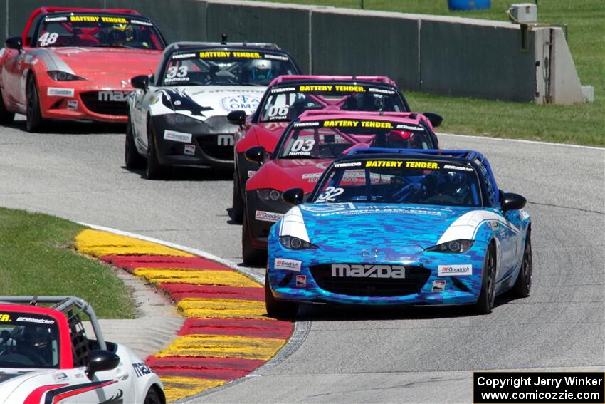 Keith Jensen's, Ashton Harrison's, Patrick Wilmot's, Alex Bachoura's and Zach Lee's Mazda MX-5 Cups