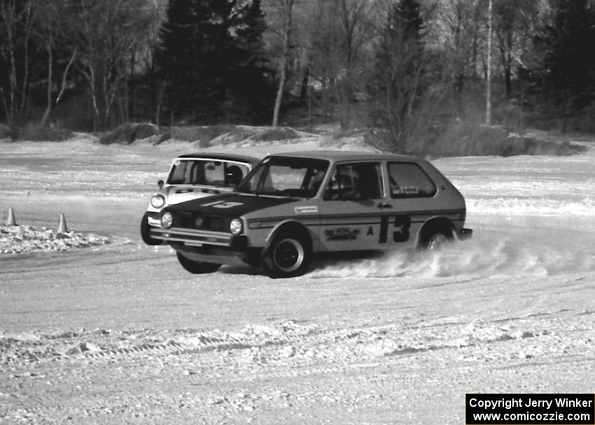 The Hank Godfredson / Dave Strot VW Rabbit ahead of the Don Roderick Austin Mini-Cooper S