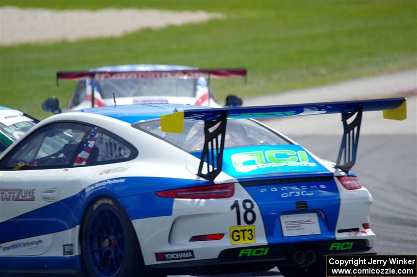 Richard Edge's and Tom Balames' Porsche GT3 Cups collide at turn 14 on the final lap.