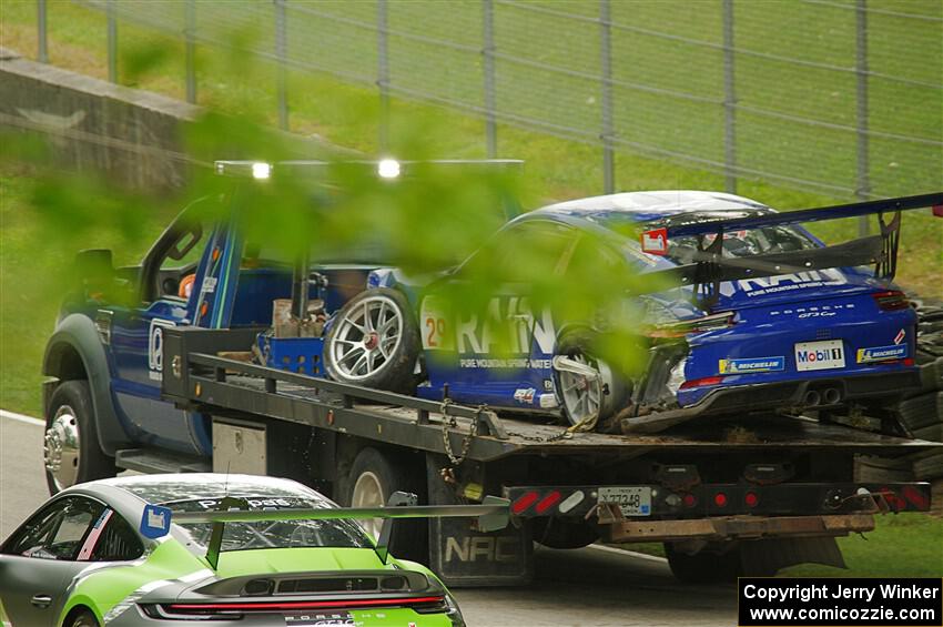 Jeffrey Majkrzak's Porsche GT3 Cup goes past on the flatbed.