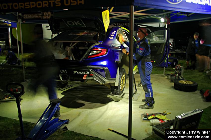 Brandon Semenuk / Keaton Williams Subaru WRX ARA25 at Pioneer Farm service after day two.