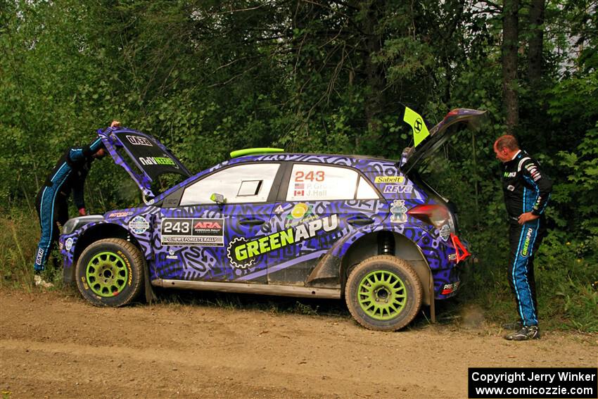 Patrick Gruszka / John Hall Hyundai i20 R5 is stalled by the side of the stage on SS11, Otterkill I.
