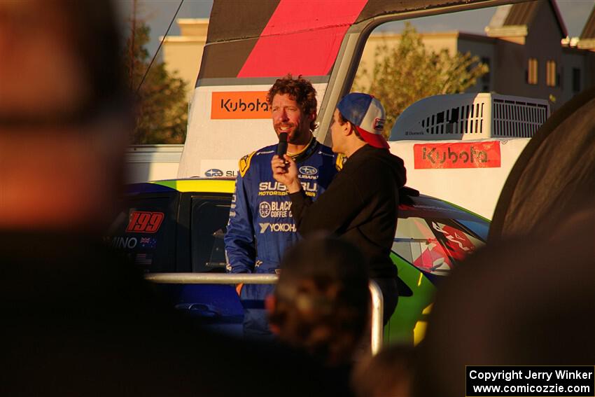 Travis Pastrana is interviewed on the winner's podium.
