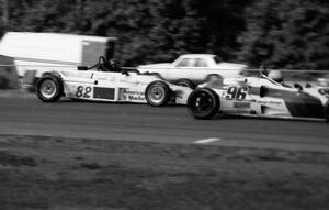 Bill McGehee's Crossle 50F dives inside Irwin Jann's Royale FF-82 during Formula Ford practice.