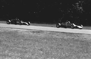 Jerry Griffin's Crossle 45F is chased by Tim Burns's Crossle 50F during Formula Ford qualifying.