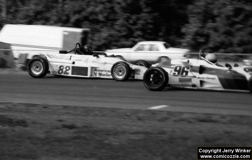 Bill McGehee's Crossle 50F dives inside Irwin Jann's Royale FF-82 during Formula Ford practice.