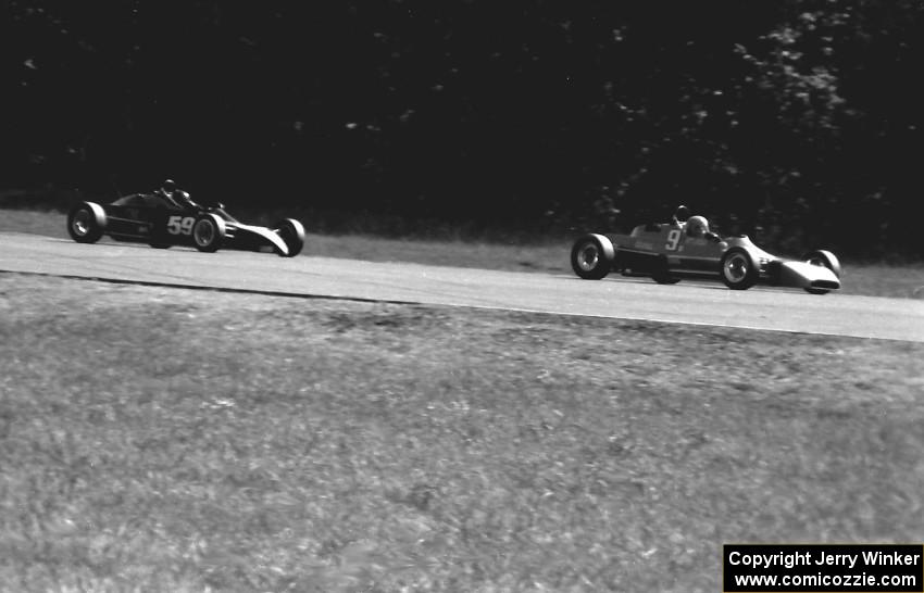 Jerry Griffin's Crossle 45F is chased by Tim Burns's Crossle 50F during Formula Ford qualifying.