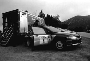 The David Higgins / Daniel Barritt Mitsubishi Lancer Evo 8 before the practice stage