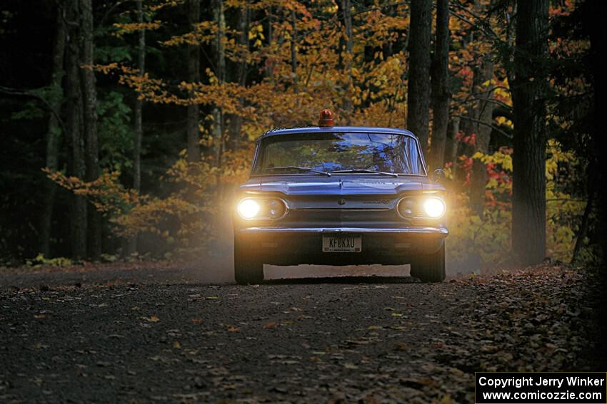 Tyler Linner's Chevy Corvair checks the course as Stage Captain.