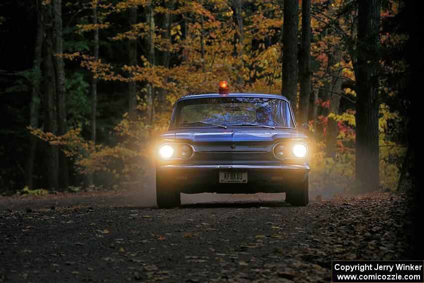 Tyler Linner's Chevy Corvair checks the course as Stage Captain.
