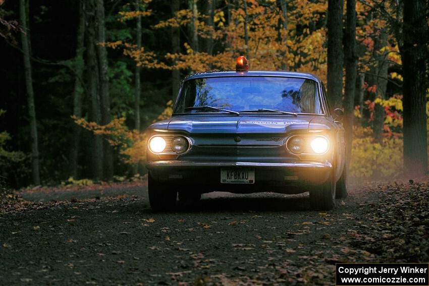 Tyler Linner's Chevy Corvair checks the course as Stage Captain.