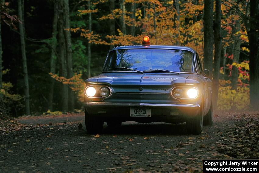 Tyler Linner's Chevy Corvair checks the course as Stage Captain.