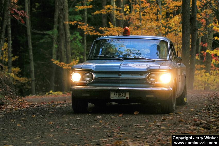 Tyler Linner's Chevy Corvair checks the course as Stage Captain.