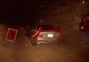 The Mark Cox / Jim Gill Mitsubishi Lancer Evo VI leaves the start of SS6.