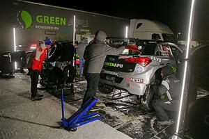 and Patrick Gruszka / Florian Barral Hyundai i20 Rally2s at Atlanta service after the first loop of stages.