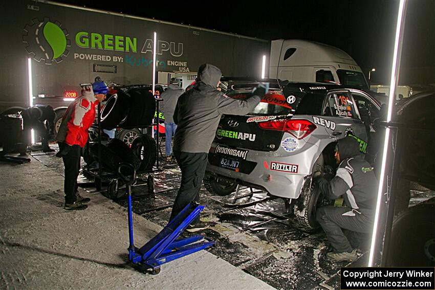 and Patrick Gruszka / Florian Barral Hyundai i20 Rally2s at Atlanta service after the first loop of stages.