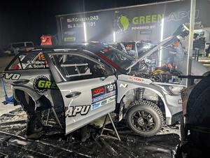 and Patrick Gruszka / Florian Barral Hyundai i20 Rally2s at Atlanta service after the first loop of stages.